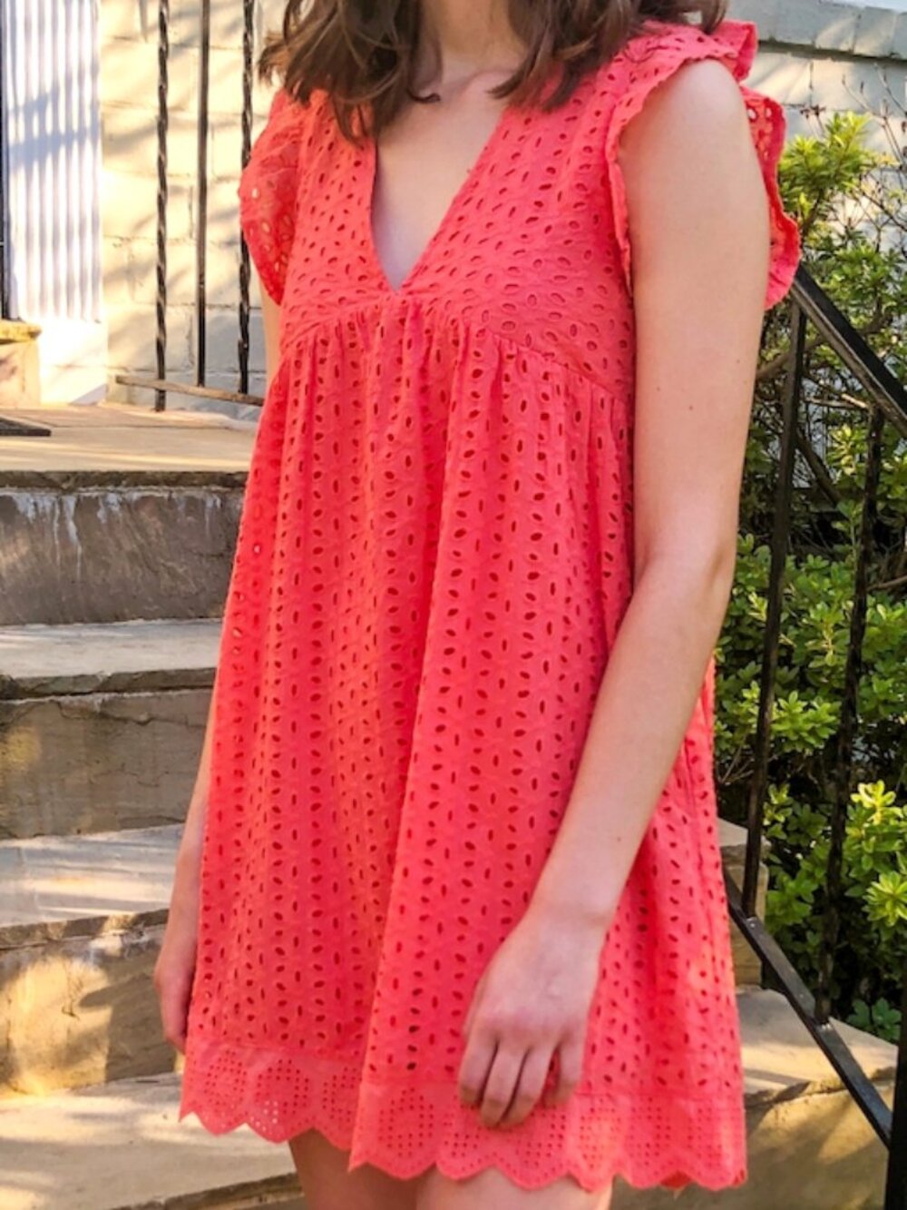 Pink Lily Bright Coral V-Neck Eyelet Romper Playsuit